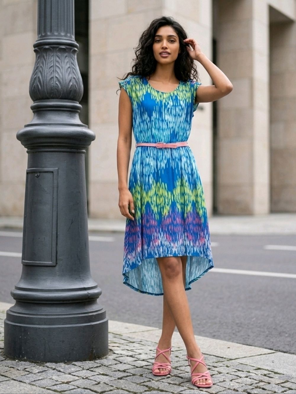 Madison High Low Dress Small Colorful Jersey Knit Swing Dress Pink Belt Resort